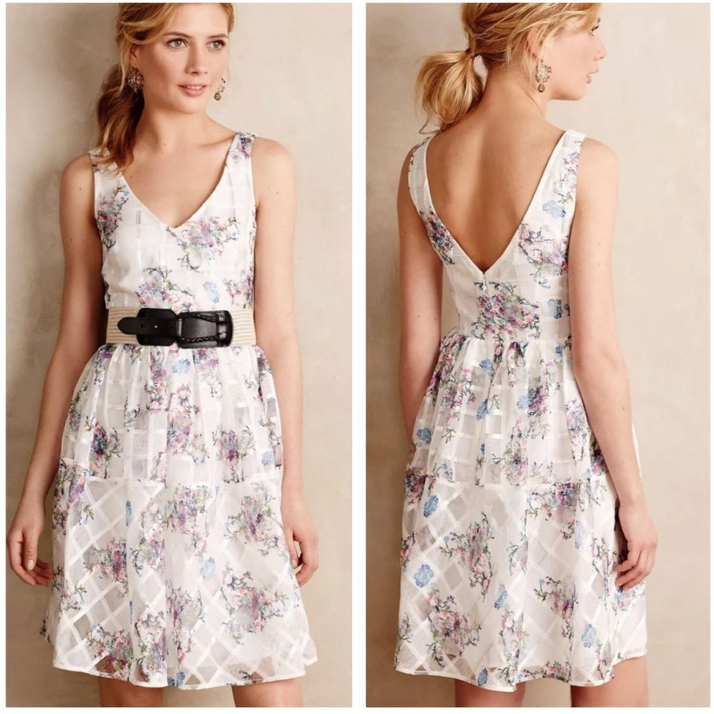 Maeve for Anthropologie Peony Garden White Floral Print Mini Dress Size 8 NWT